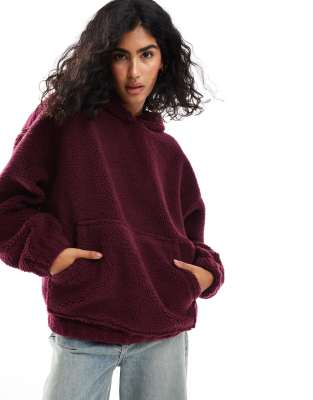 ASOS DESIGN - Oversize-Kapuzenpullover aus Teddyfell in Burgunderrot