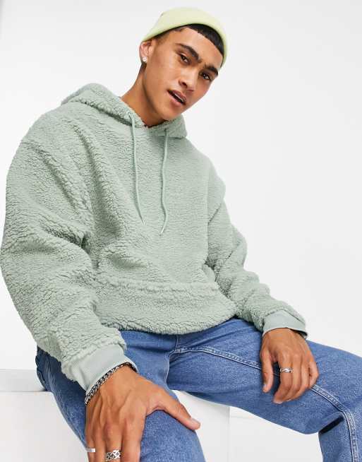 ASOS DESIGN – Oversize-Kapuzenpullover aus Teddyfell in Grün 