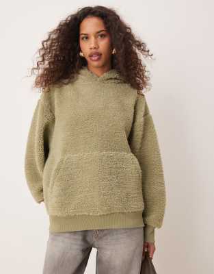 ASOS DESIGN - Oversize-Kapuzenpullover aus Teddyfell in Salbeigrün