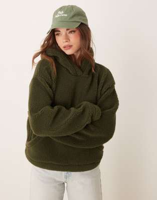 ASOS DESIGN - Oversize-Kapuzenpullover aus Teddyfell in Tannengrün