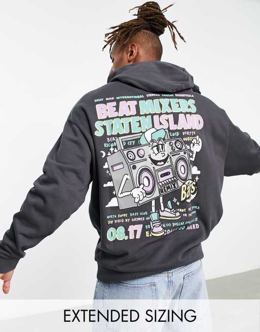 ASOS DESIGN – Oversize-Kapuzenpullover in Anthrazit mit Cartoon-Rückenprint