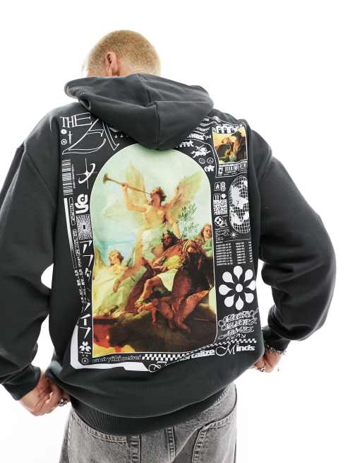 ASOS DESIGN – Oversize-Kapuzenpullover in Anthrazit mit Kunst-Print auf Vorder- und Rückseite