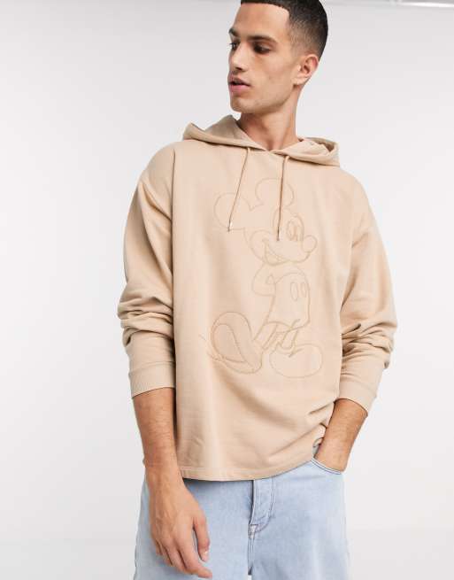 ASOS DESIGN – Oversize-Kapuzenpullover in Beige mit aufgesticktem Mickey-Umriss