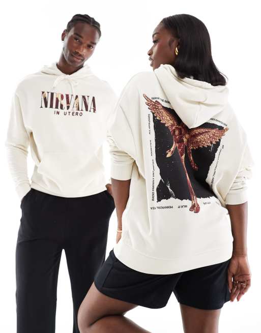 ASOS DESIGN – Oversize-Kapuzenpullover in Beige mit Nirvana-Lizenzprints, unisex