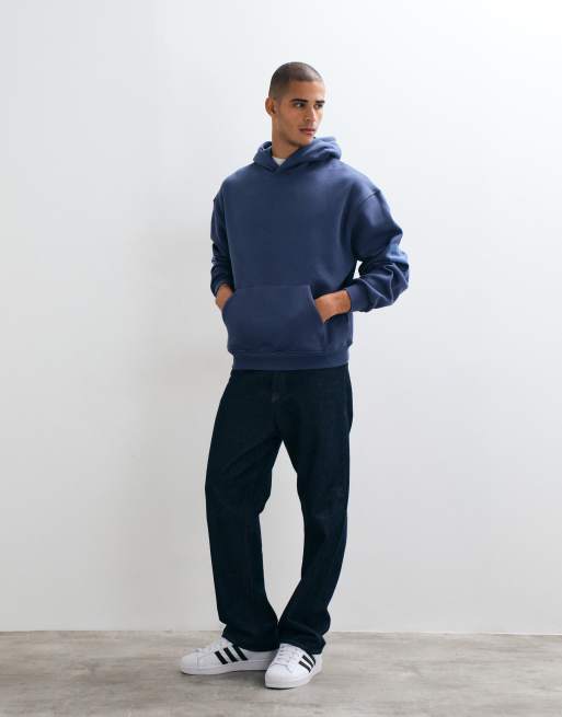 ASOS DESIGN Oversize-Kapuzenpullover in Blautönen mit Print in Marineblau, 3 von 5