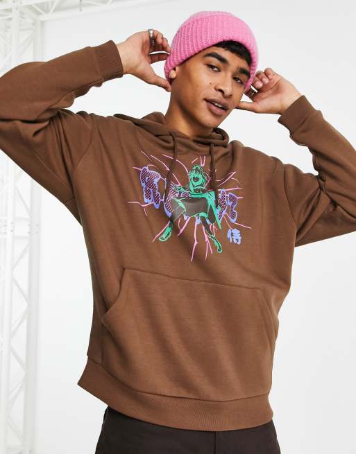 ASOS DESIGN – Oversize-Kapuzenpullover in Braun mit Anime-Print auf der Brust