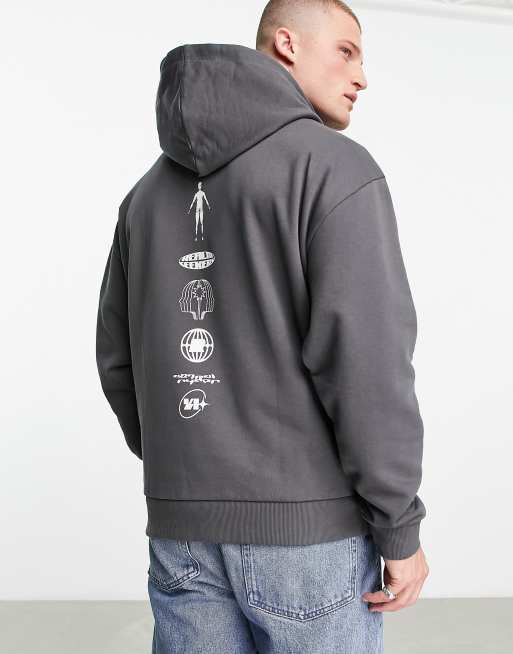 ASOS DESIGN – Oversize-Kapuzenpullover in Dunkelgrau mit Aufdruck entlang der Wirbelsäule