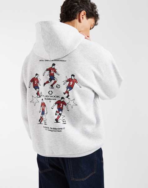 ASOS DESIGN – Oversize-Kapuzenpullover in Eisgrau meliert mit Fußball-Grafikprint - view 1