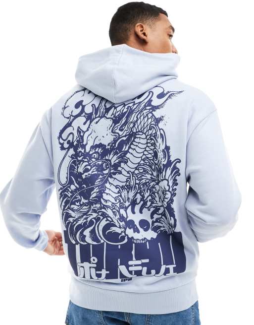 ASOS DESIGN – Oversize-Kapuzenpullover in Flieder mit Drachenprint auf dem Rücken und Schaumprint auf der Brust