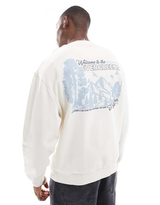 ASOS DESIGN – Oversize-Kapuzenpullover in gebrochenem Weiß mit Landschafts-Rückenprint