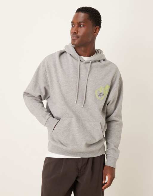 ASOS DESIGN – Oversize-Kapuzenpullover in Grau meliert mit Obstprint