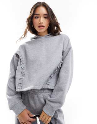 ASOS DESIGN - Oversize-Kapuzenpullover in Grau meliert mit Rüschen