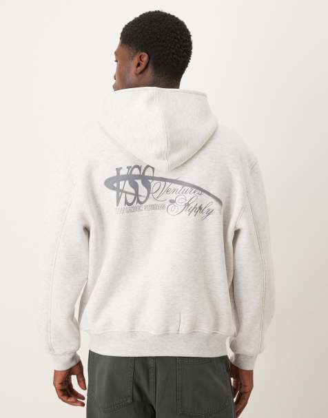 ASOS DESIGN – Oversize-Kapuzenpullover in Grau meliert mit Textprint am Rücken - view 1