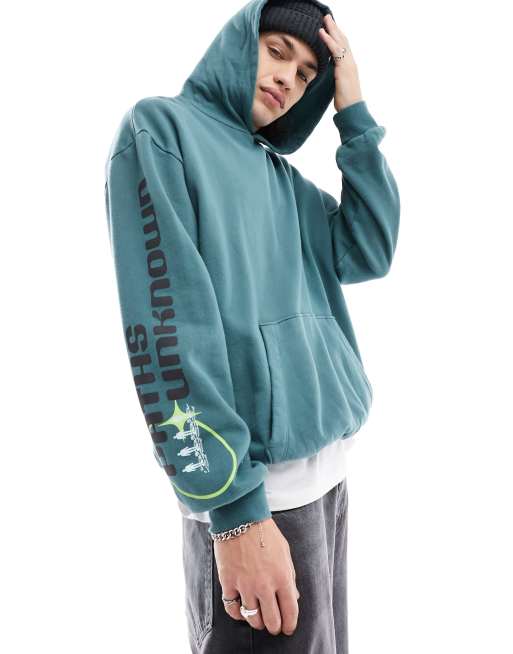 ASOS DESIGN – Oversize-Kapuzenpullover in Grün mit großem Aufdruck hinten und Stickerei, 2 von 4