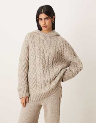 ASOS DESIGN - Oversize-Kapuzenpullover in Hellbeige mit Zopfmuster, Kombiteil-Neutral