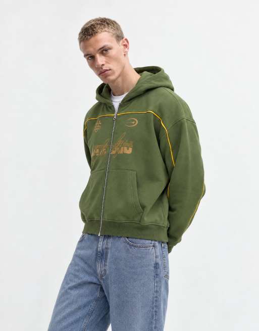 ASOS DESIGN Oversize-Kapuzenpullover in kastigem Schnitt mit Reißverschluss, Paspelierung und Print, 9 von 10