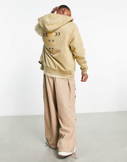 ASOS DESIGN – Oversize-Kapuzenpullover in Khaki mit Reißverschluss und Himmelskörper-Print entlang der Wirbelsäule
