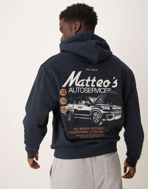 ASOS DESIGN – Oversize-Kapuzenpullover in Marineblau mit Auto-Print auf Brust und Rücken - view 1