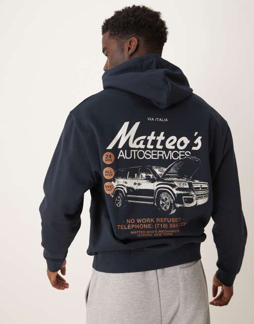 ASOS DESIGN – Oversize-Kapuzenpullover in Marineblau mit Auto-Print auf Brust und Rücken