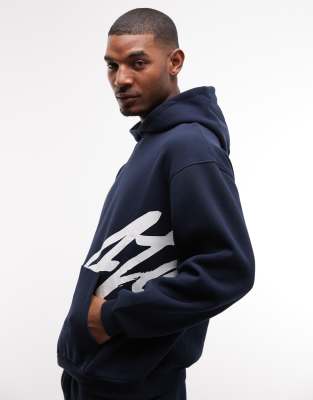 Oversize-Kapuzenpullover in Marineblau mit Textprint-Navy Navy XL
