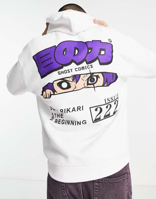 ASOS DESIGN – Oversize-Kapuzenpullover in Weiß mit Comic-Heft-Print auf dem Rücken
