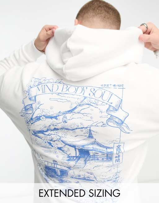 ASOS DESIGN – Oversize-Kapuzenpullover in Weiß mit Landschaftsprint hinten und vorne