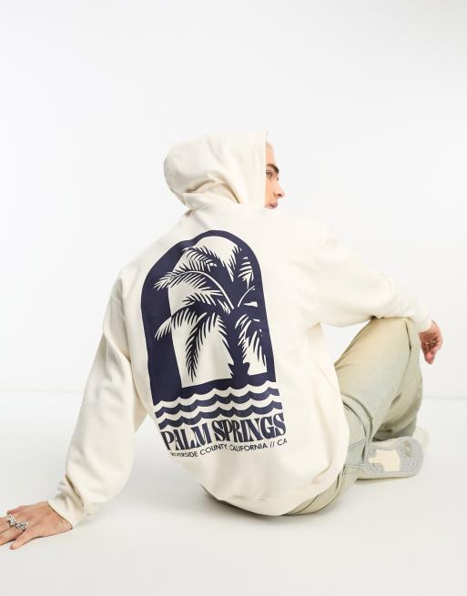 ASOS DESIGN – Oversize-Kapuzenpullover in Wollweiß mit Resort-Schaumprint auf dem Rücken