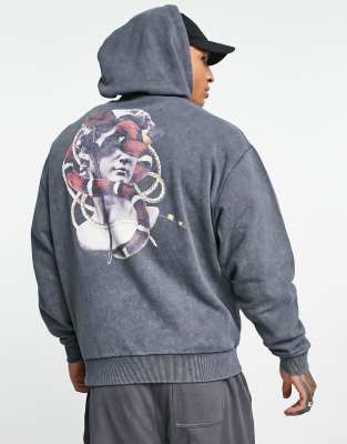 ASOS DESIGN – Oversize-Kapuzenpullover mit Acid-Waschung in Schwarz und Statuen-Print am Rücken