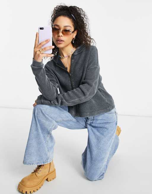 ASOS DESIGN – Oversize-Kapuzenpullover mit durchgehendem Reißverschluss und Waffelstruktur in verwaschenem Anthrazit, Kombiteil