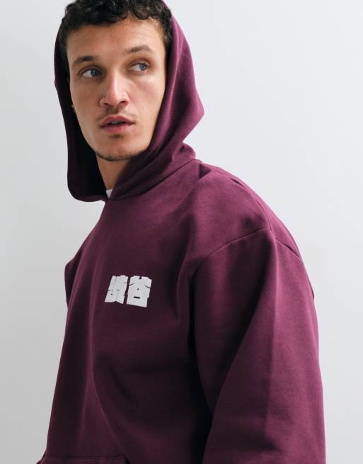 ASOS DESIGN Oversize-Kapuzenpullover mit Logo-Puffprint in Burgunderrot, 3 von 5