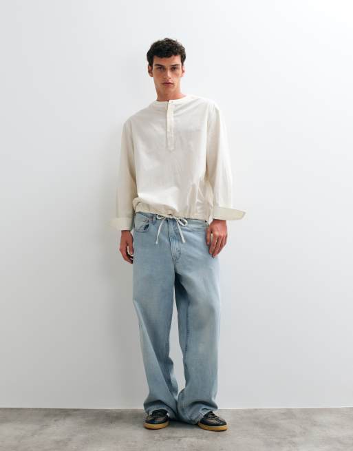 ASOS DESIGN oversize koszula henley ze ściągaczem u dołu w kolorze złamanej bieli, 3 z 5