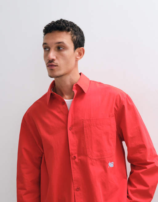 ASOS DESIGN oversize koszula popelinowa z haftem na piersi w czerwieni, 4 z 5