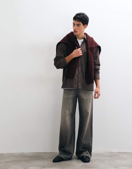 ASOS DESIGN oversize koszula w paski z haftem na kołnierzyku, brązowa, 5 z 5