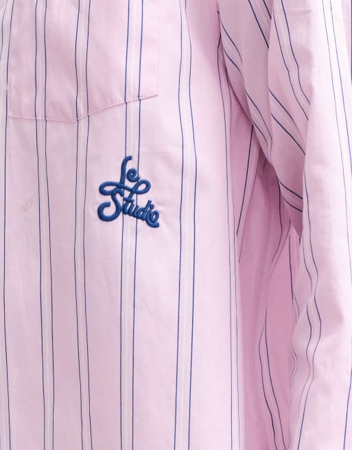 ASOS DESIGN oversize koszula w paski z haftem umieszczonym w różowym kolorze, 4 z 5