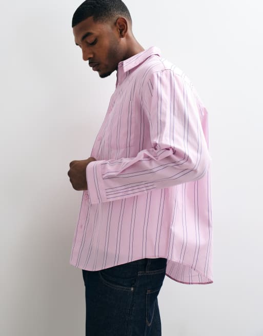 ASOS DESIGN oversize koszula w paski z haftem umieszczonym w różowym kolorze, 5 z 5