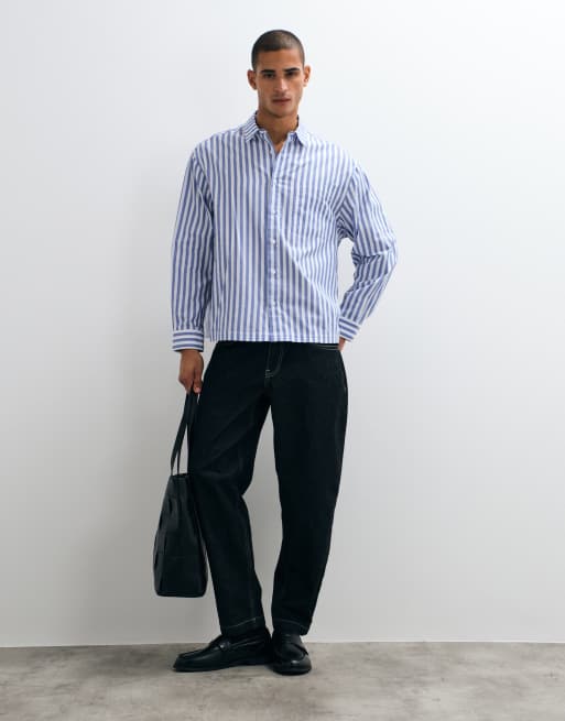 ASOS DESIGN oversize koszula z popeliny w paski w kolorze niebiesko-białym, 4 z 5