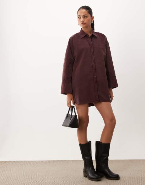 ASOS DESIGN oversize koszulowa sukienka mini ze sztruksu w spranym burgundzie - view 1