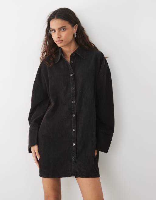 ASOS DESIGN oversize koszulowa sukienka mini ze sztruksu w spranym czarnym, 3 z 4