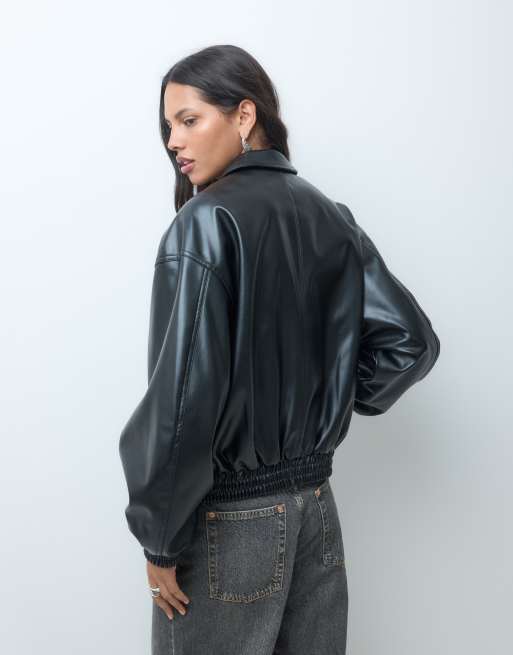 ASOS DESIGN oversize kurtka bomberka z imitacji skóry w czerni, 3 z 4