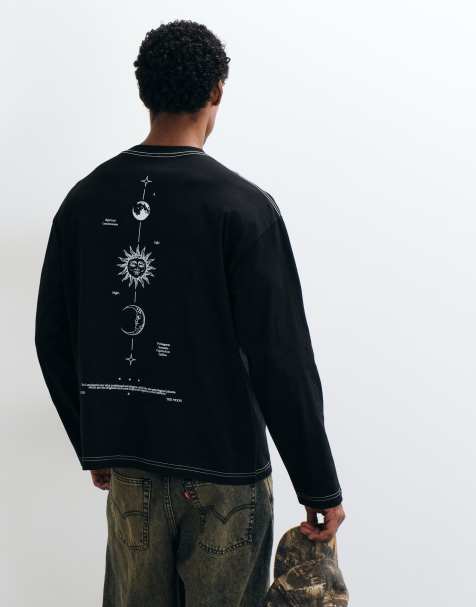 ASOS DESIGN Oversize-Langarm-T-Shirt mit Himmels-Print entlang der Wirbelsäule in Schwarz - view 1