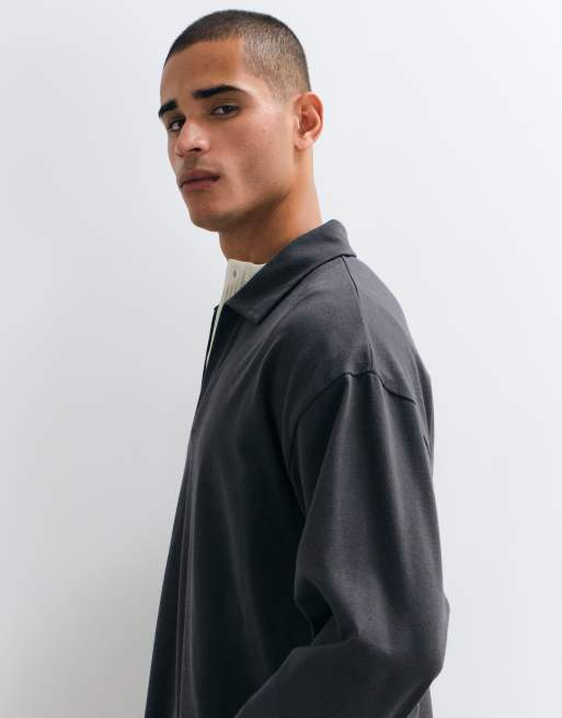 ASOS DESIGN oversize långärmad polo med reverskrage i charcoalgrå, 4 av 5