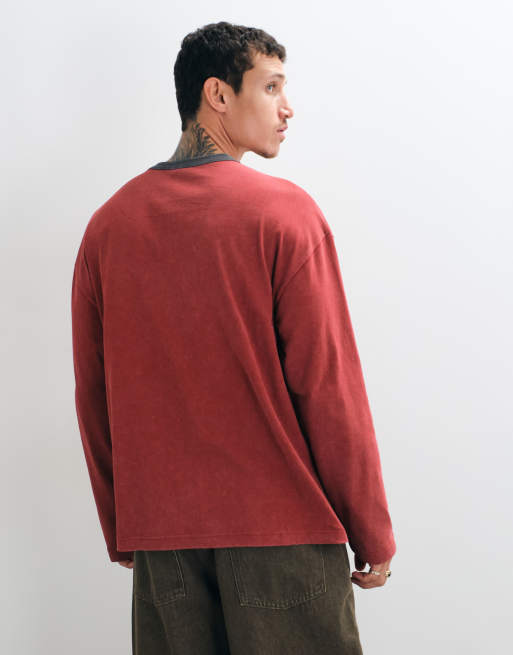 ASOS DESIGN oversize långärmad ringer-t-shirt med text i tvättad röd, 3 av 9