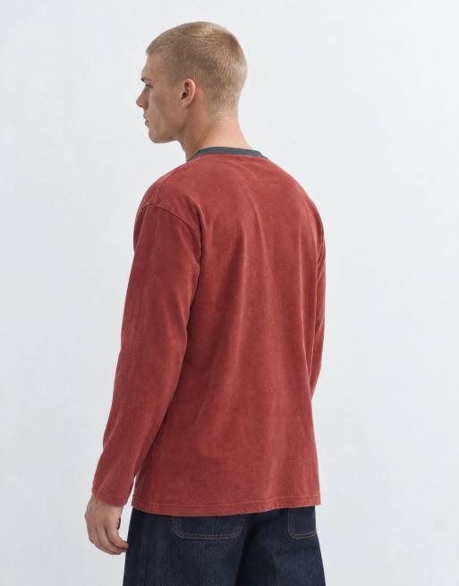 ASOS DESIGN oversize långärmad ringer-t-shirt med text i tvättad röd, 6 av 9
