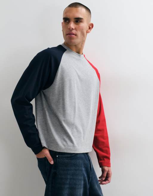 ASOS DESIGN Oversize langärmliges Raglan-T-Shirt in Graumeliert und Rot, 5 von 10