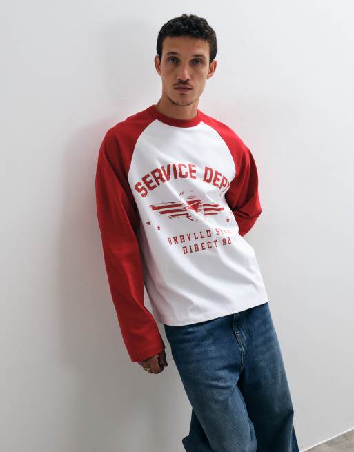 ASOS DESIGN oversize long sleeve graphic ringer t-shirt in white and red, 2 of 5