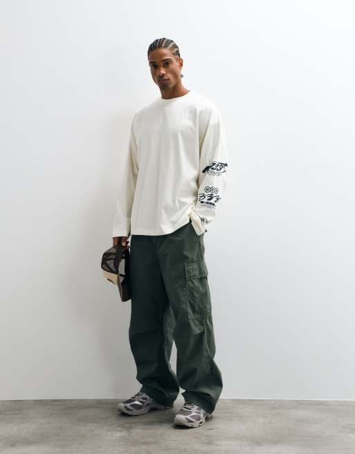 ASOS DESIGN oversize long sleeve t-shirt with arm graphic in cream, 2 of 5