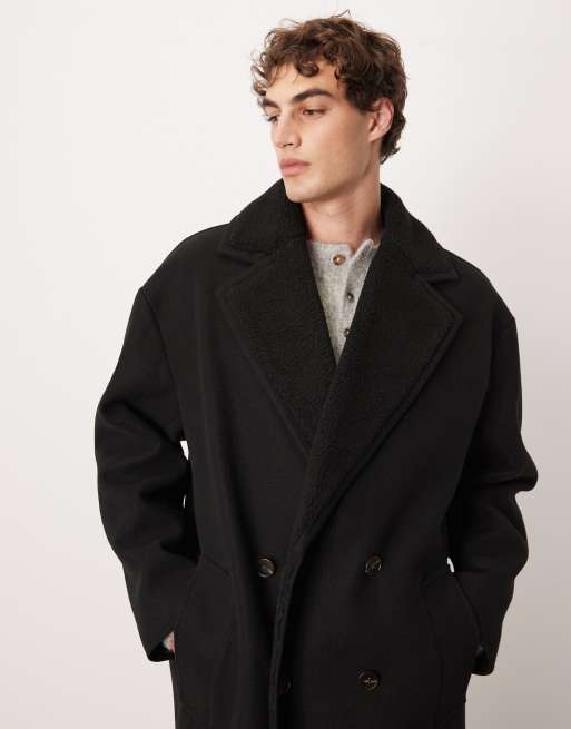 ASOS DESIGN – Oversize-Mantel in schwarzer Wolloptik mit Teddyfell-Kragen, 2 von 5