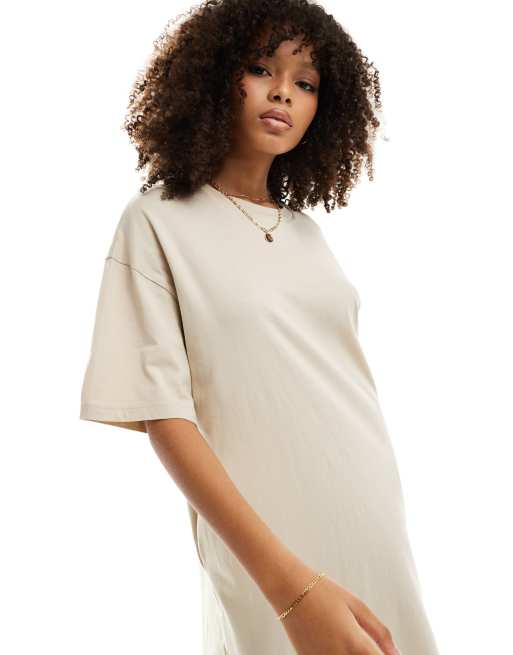 ASOS DESIGN Oversize Midaxi T Shirt Kleid in Beige