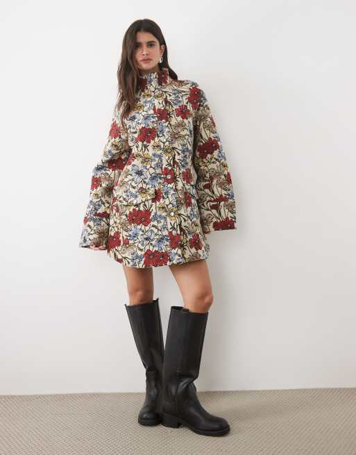 ASOS DESIGN oversize miniklänning i twill med ståkrage och fickor i rose tapestry, 2 av 4