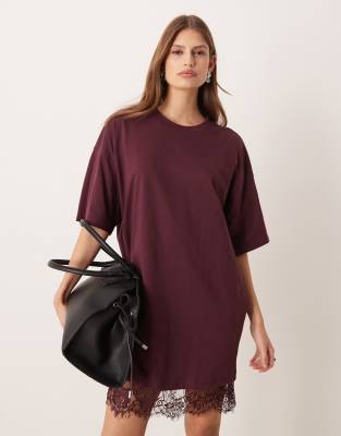ASOS DESIGN - Oversize-Minikleid in Feige mit Spitzenbesatz am Saum-Lila